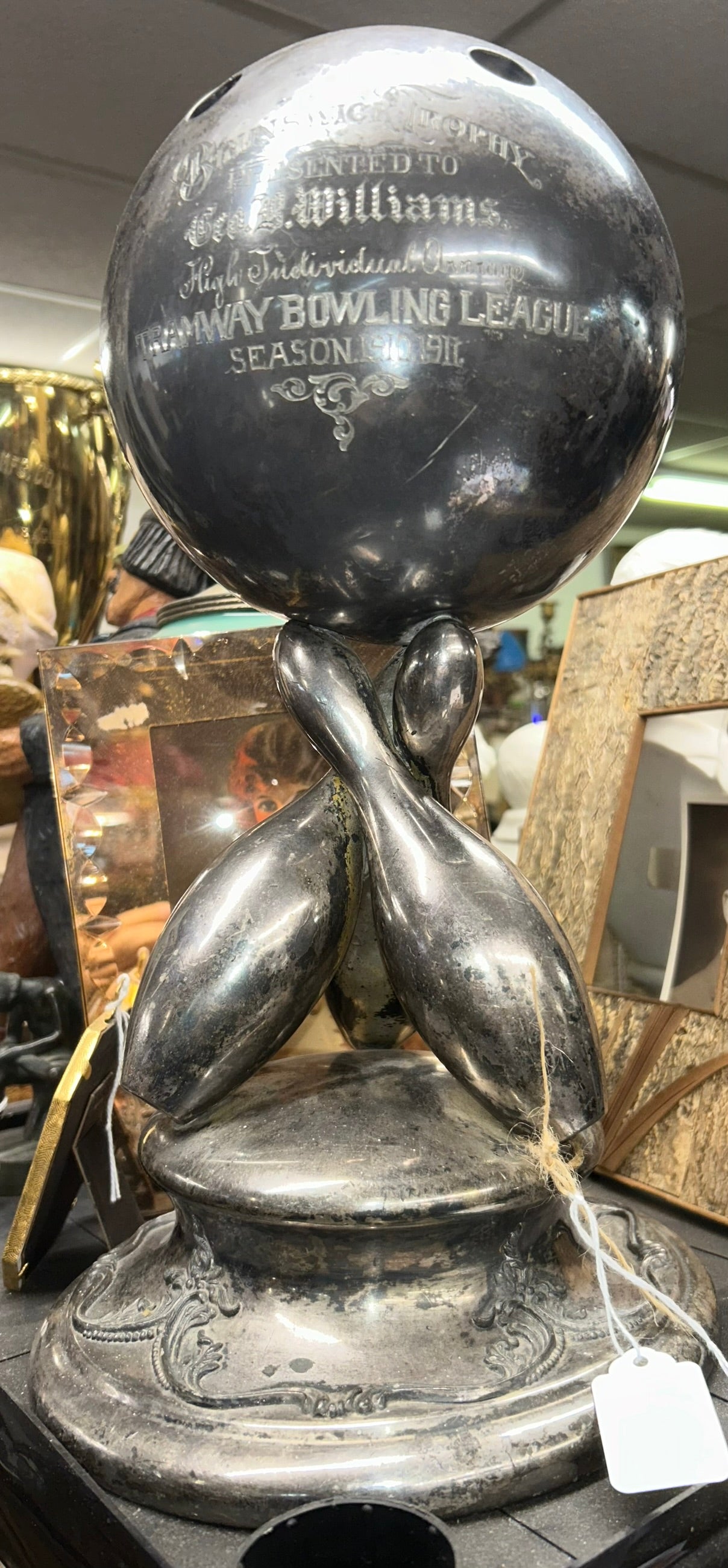BRUNSWICK BOWLING FIGURAL BALL AND PINS TROPHY 1911