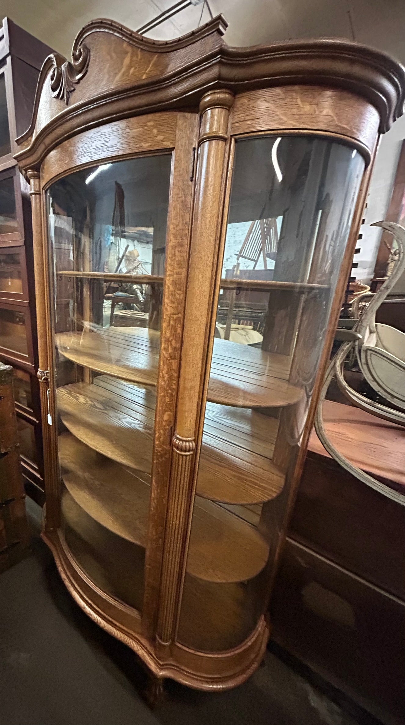 CURVED GLASS ANTIQUE OAK CHINA CABINET