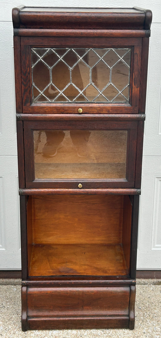 1/2 WIDTH SIZE RARE ANTIQUE BARRISTER OAK STACK BOOKCASE WITH LEADED TOP DOOR