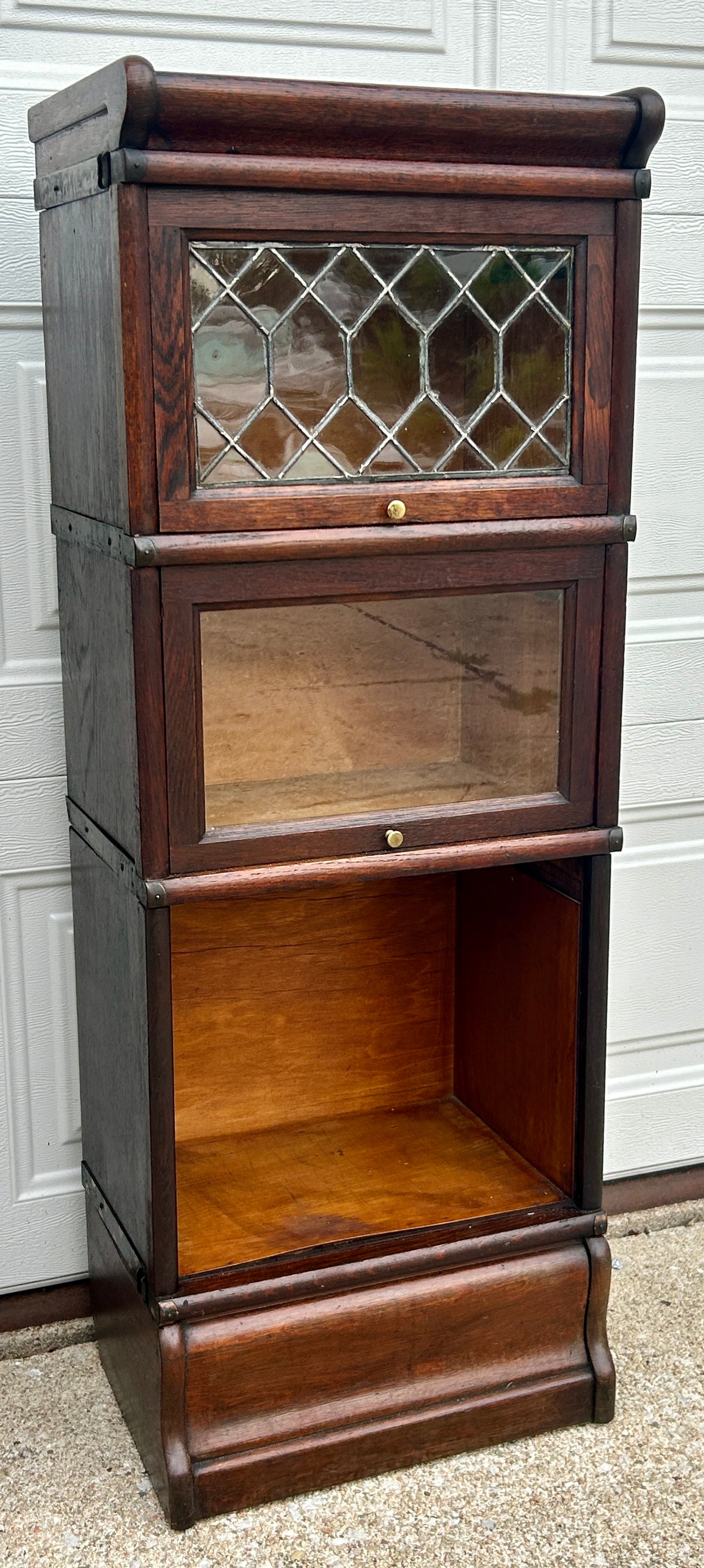 1/2 WIDTH SIZE RARE ANTIQUE BARRISTER OAK STACK BOOKCASE WITH LEADED TOP DOOR