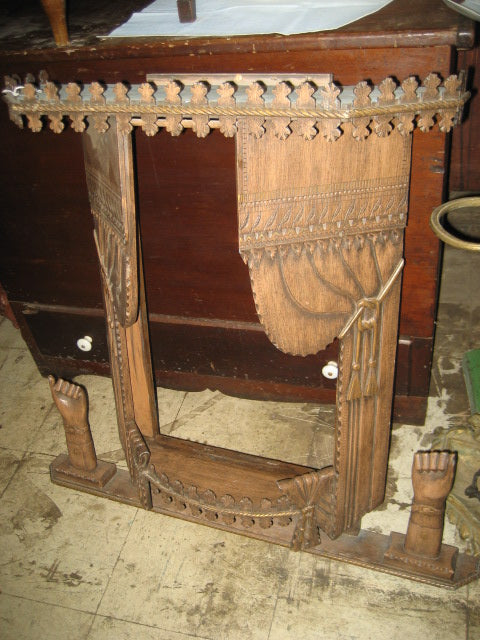 ANTIQUE FOLK ART CARVED WOOD HANGING SHELF WITH CARVED HANDS AND CURTAINS