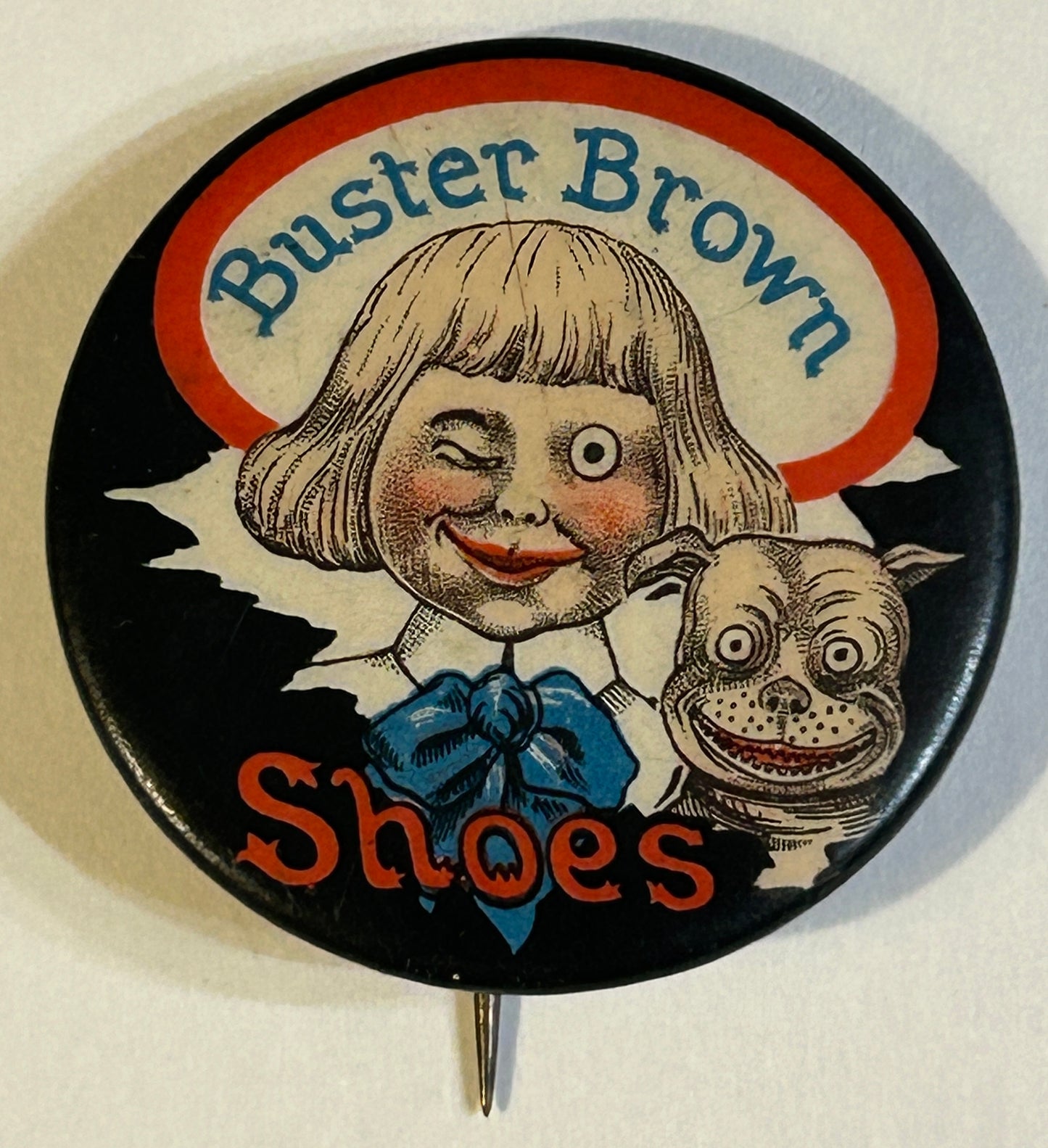 BUSTER BROWN SHOES RARE BLACK BACKGROUND VERSION LARGE ADVERTISING ANTIQUE PIN BACK BUTTON