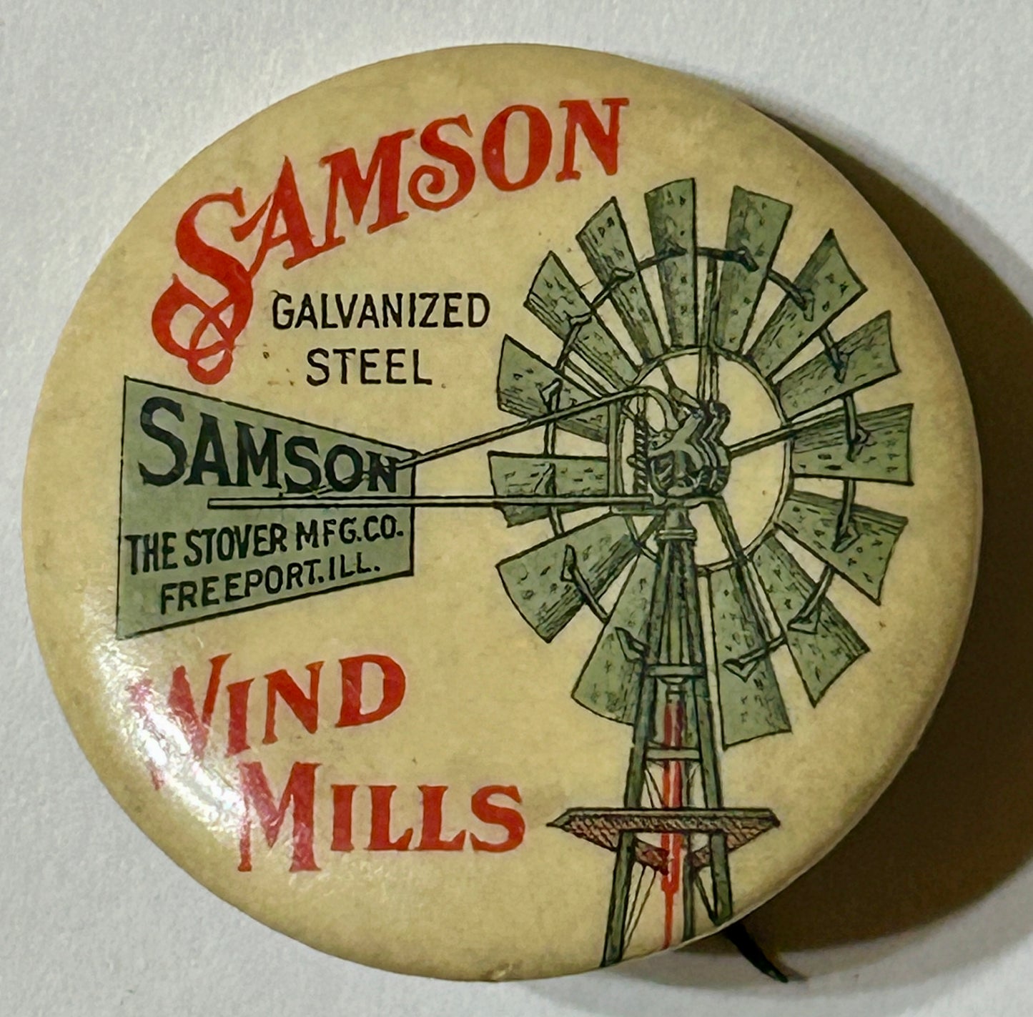 SAMPSON WIND MILLS ADVERTISING ANTIQUE PINBACK BUTTON