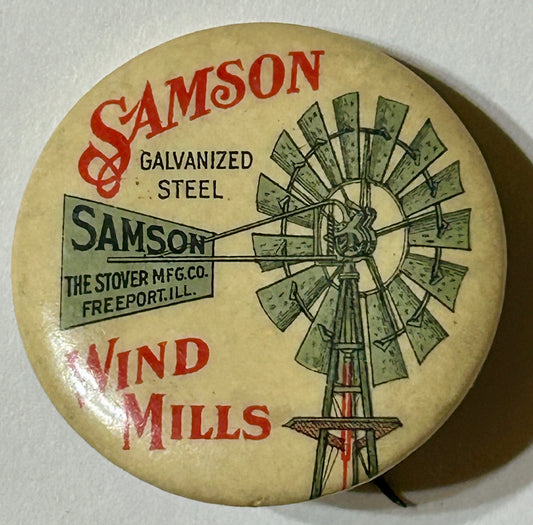 SAMPSON WIND MILLS ADVERTISING ANTIQUE PINBACK BUTTON