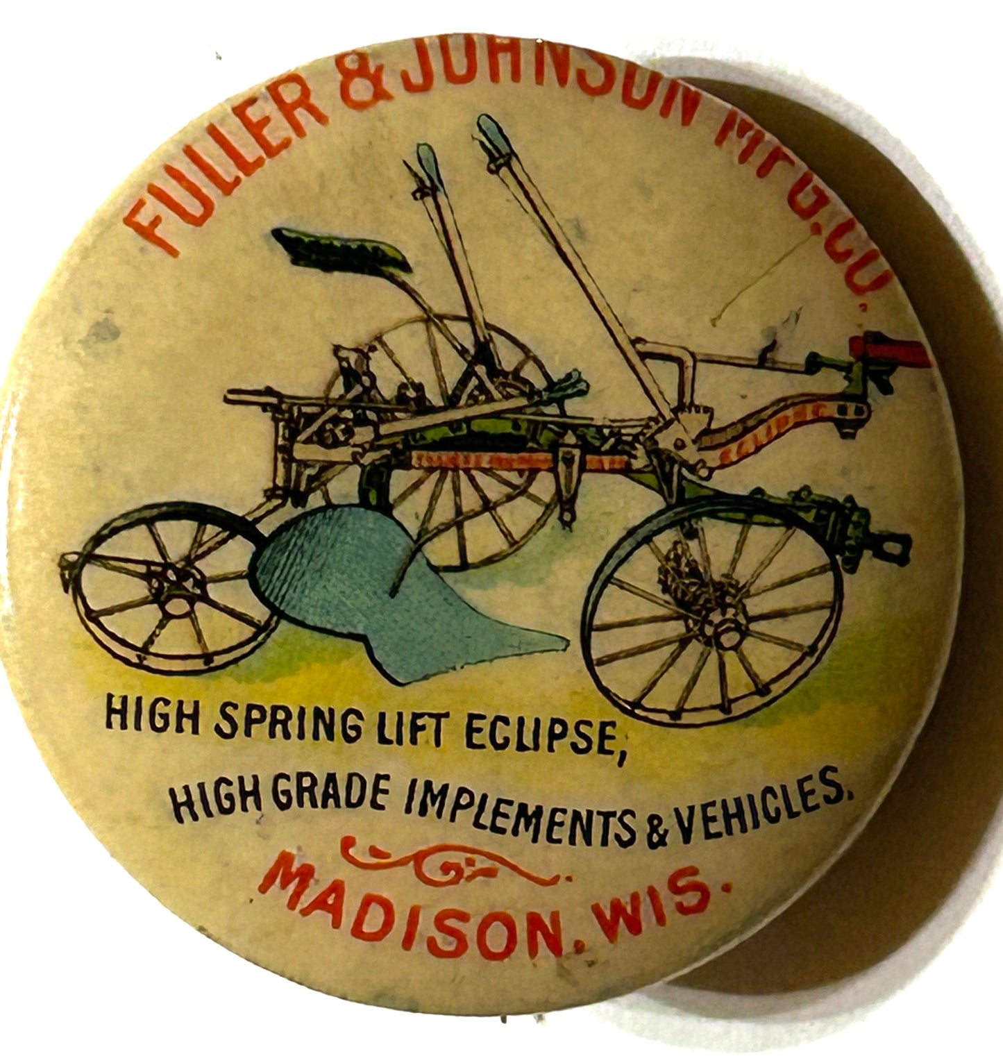 ANTIQUE FULLER & JOHNSON ECLIPSE PLOW ADVERTISING PINBACK BUTTON MADISON WISCONSIN