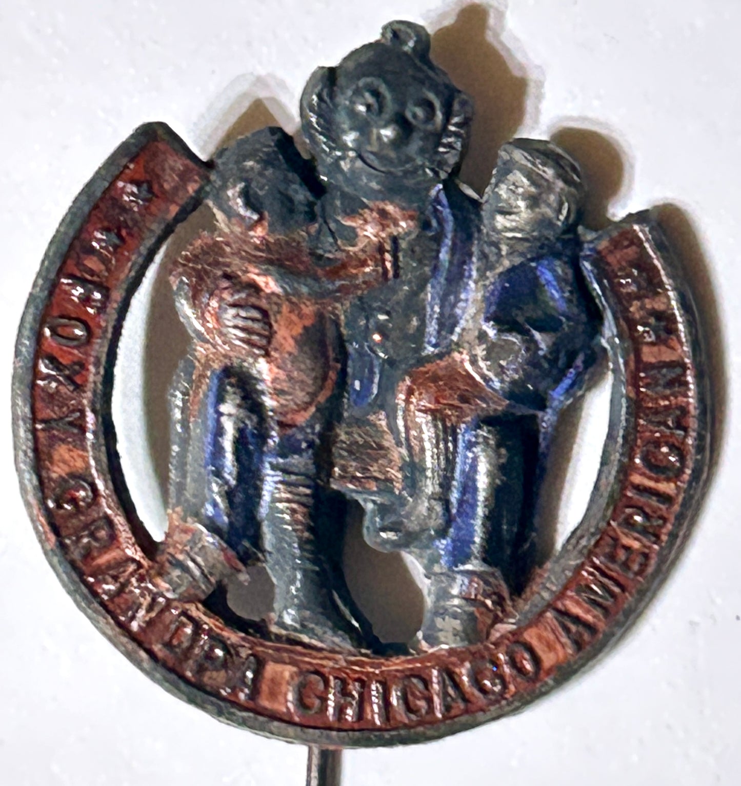 ANTIQUE FOXY GRANDPA COMIC STRIP METAL PIN WITH GRANDKIDS ON LAP