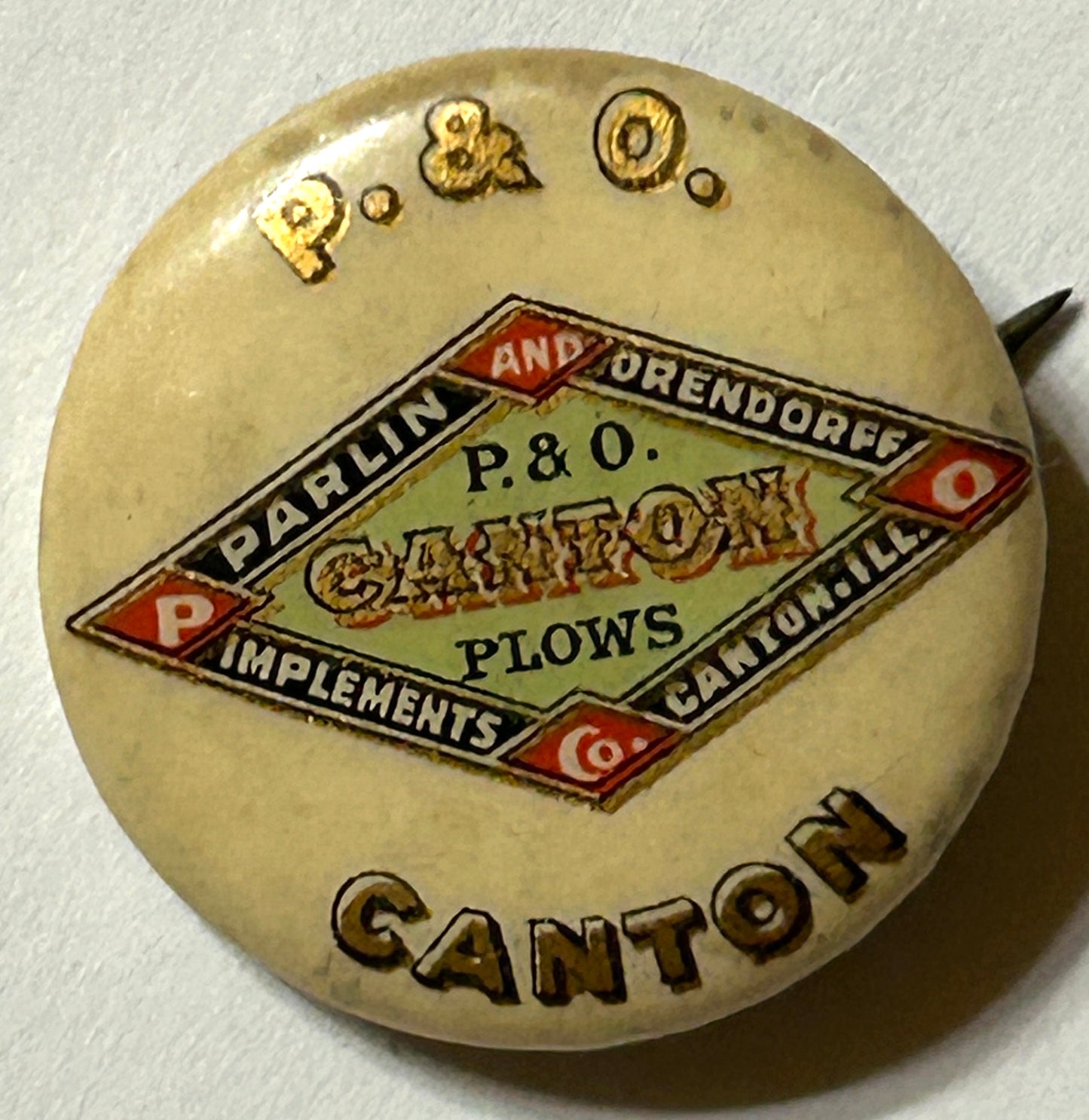 ANTIQUE P & O CO. CANTON PLOWS ADVERTISING PINBACK BUTTON