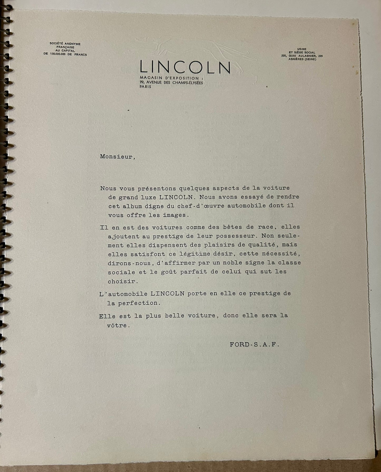 AUTOMOBILES LINCOLN PARIS FANCY CATALOG OF CARS CIRCA 1930