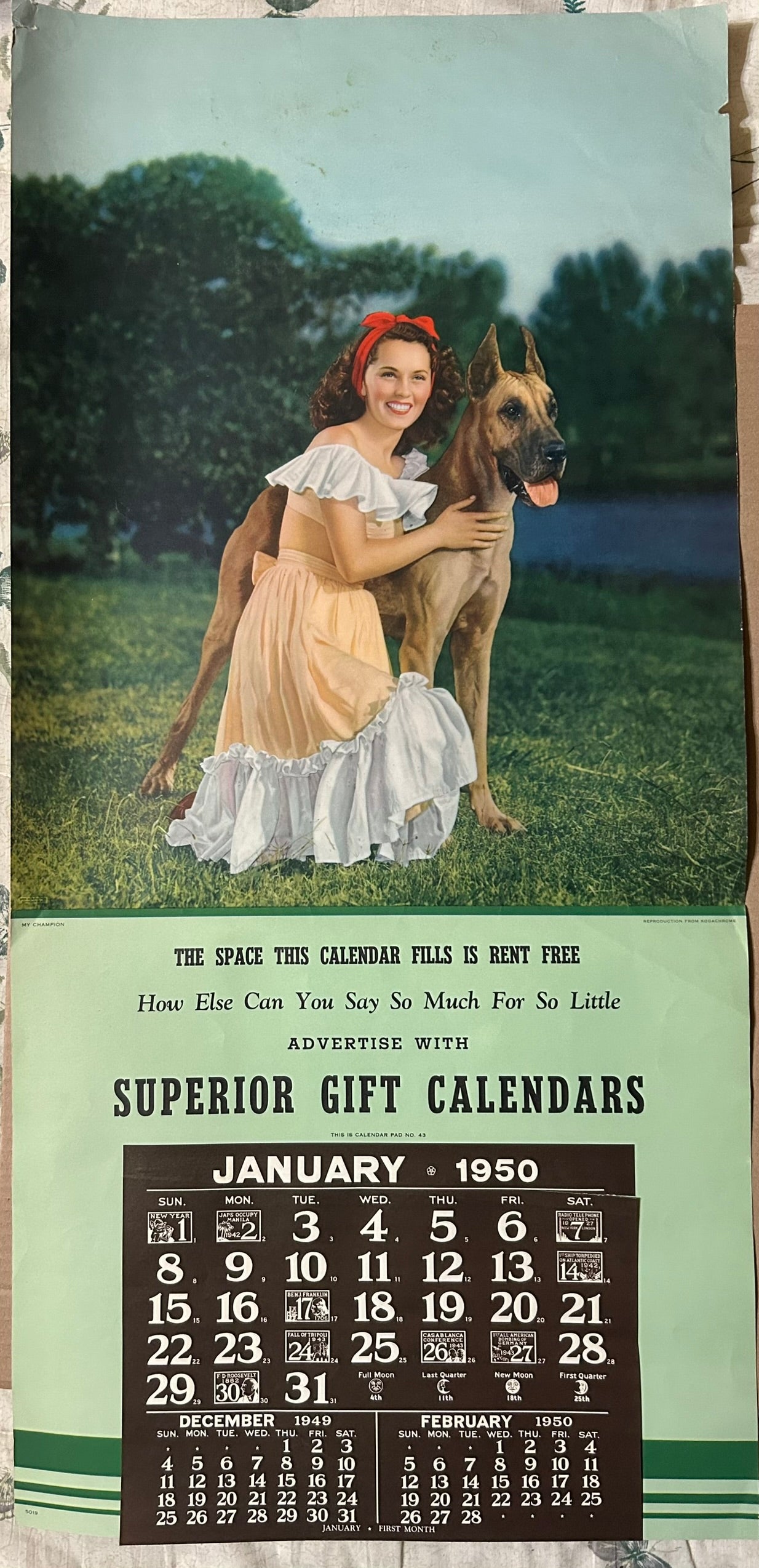 1950 ADVERTISING PROTOTYPE CALENDAR WITH PRETTY WOMAN AND DOG