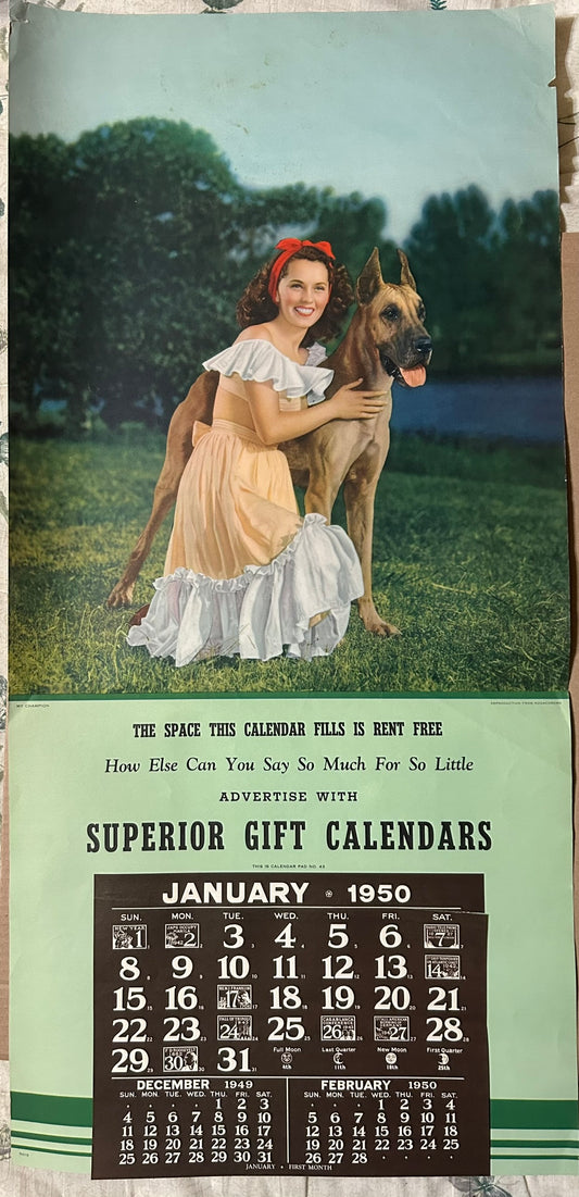 1950 ADVERTISING PROTOTYPE CALENDAR WITH PRETTY WOMAN AND DOG