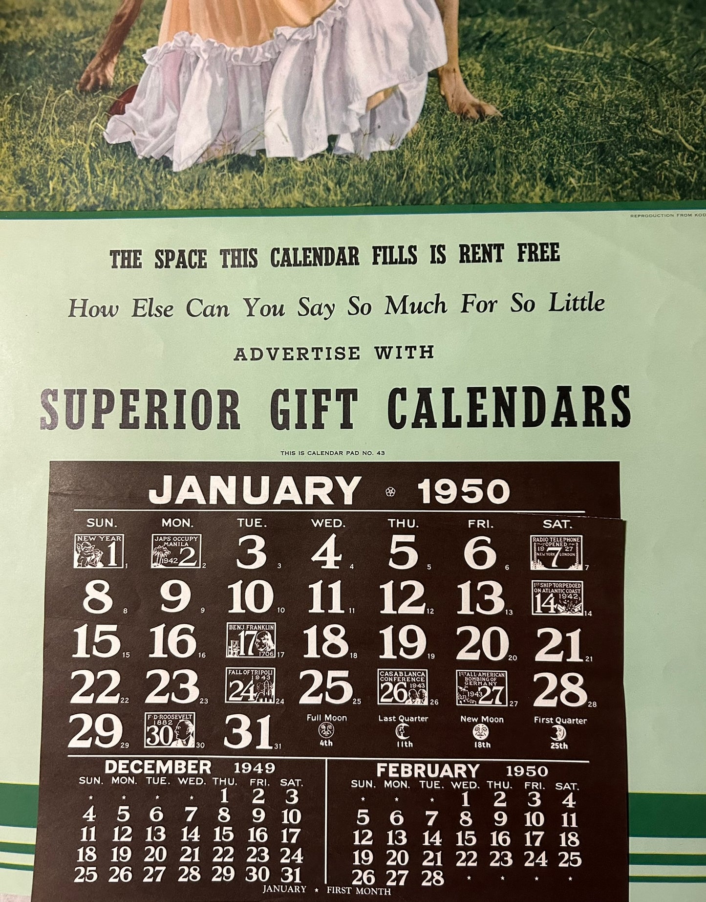 1950 ADVERTISING PROTOTYPE CALENDAR WITH PRETTY WOMAN AND DOG