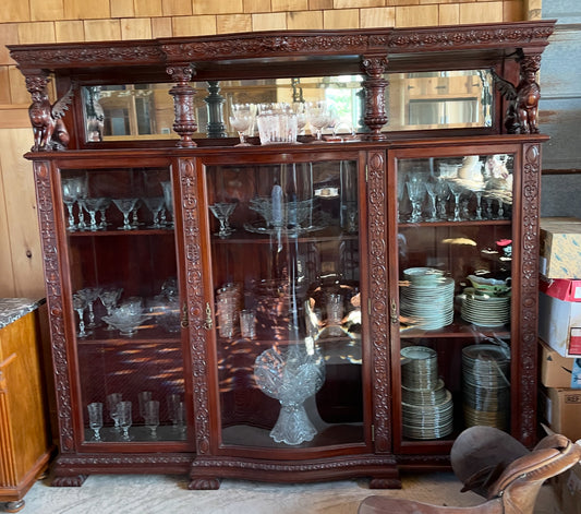 R. J. HORNER CARVED MAHOGANY WINGED GRIFFIN 3 DRAWER BOOKCASE