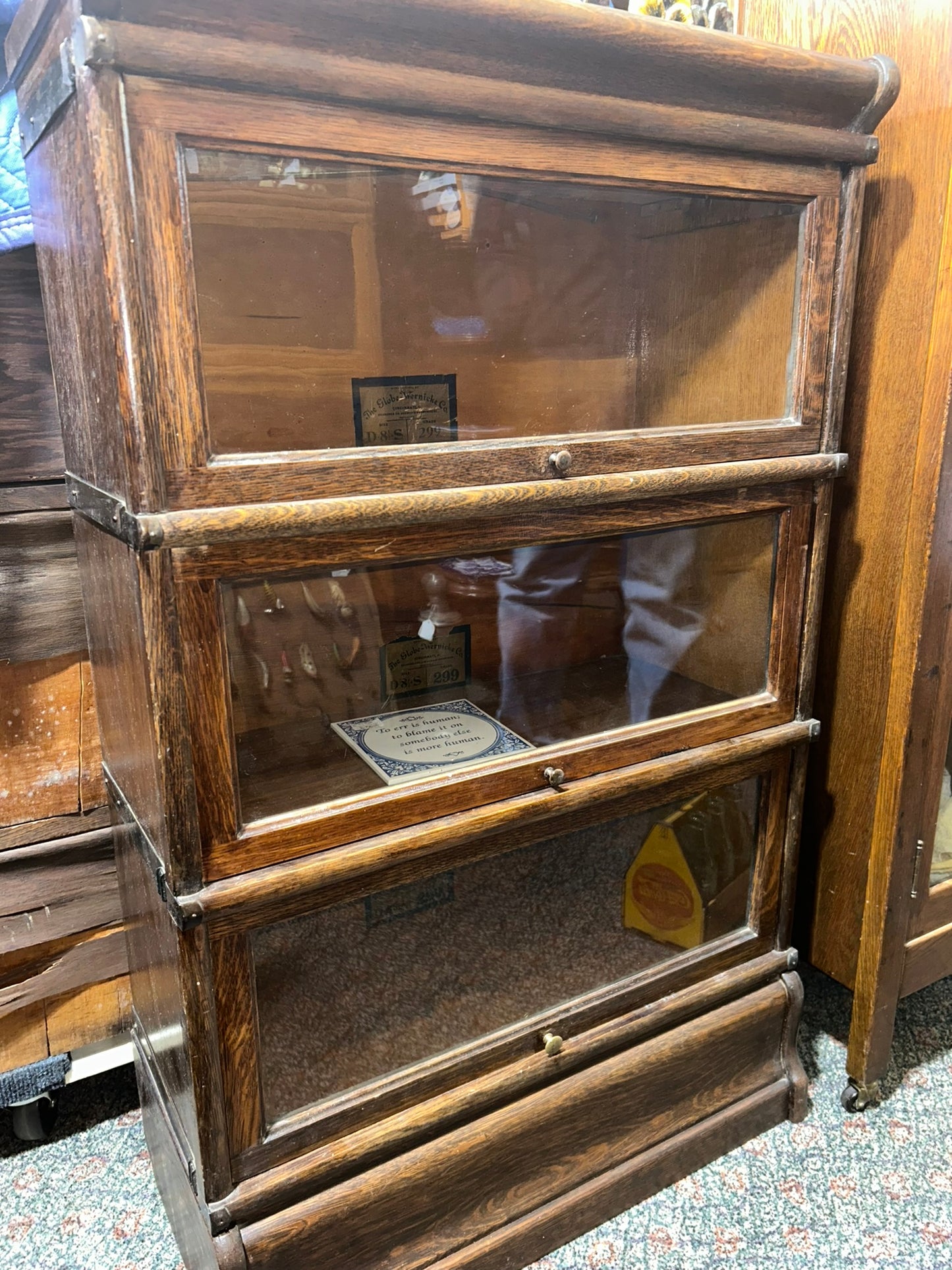 ANTIQUE GLOBE 3/4 SIZE OAK THREE STACK BARRISTER BOOKCASE