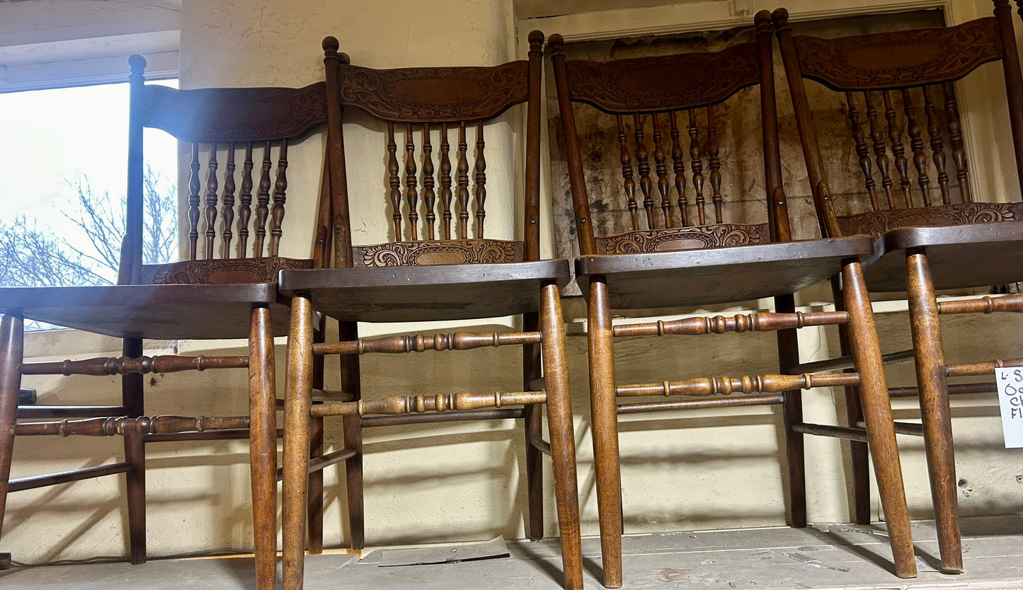 SET OF SIX EARLY 1900's ANTIQUE OAK PRESS BACK CHAIRS