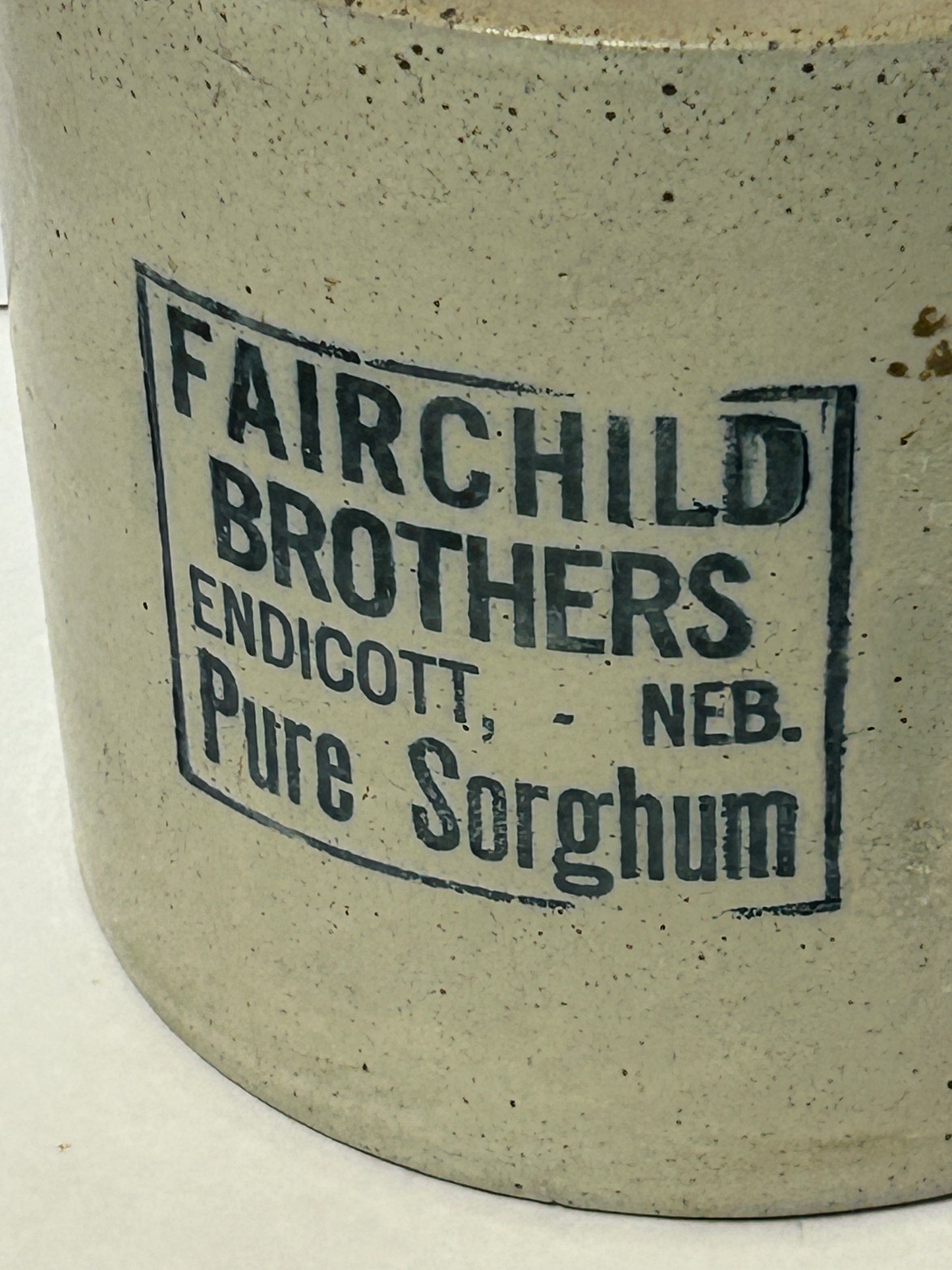 NEBRASKA STONEWARE ADVERTISING JUG FOR ENDICOTT NEBRASKA ADVERTISING FAIRCHILD BROTHERS PURE SORGHUM