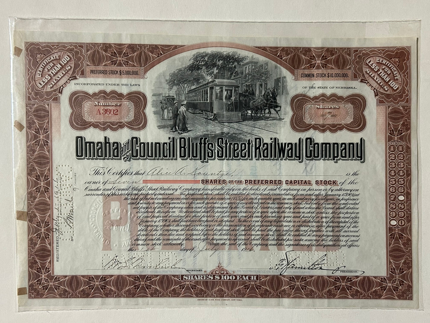 OMAHA AND COUNCIL BLUFFS STREET RAILWAY STOCK CERTIFICATE 1916