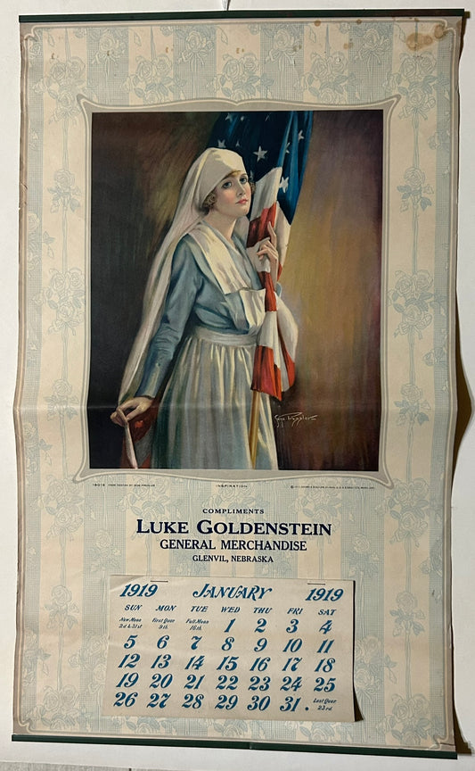 ANTIQUE CALENDAR 1919 WITH WWI NURSE WITH FLAG ILLUSTRATION & GLENVIL NEBRASKA STORE ADVERTISING