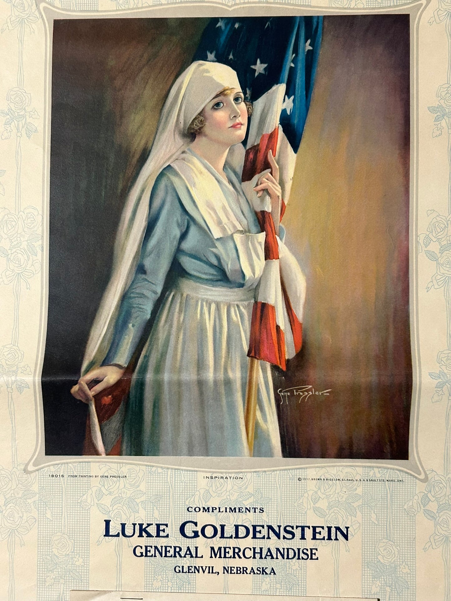 ANTIQUE CALENDAR 1919 WITH WWI NURSE WITH FLAG ILLUSTRATION & GLENVIL NEBRASKA STORE ADVERTISING