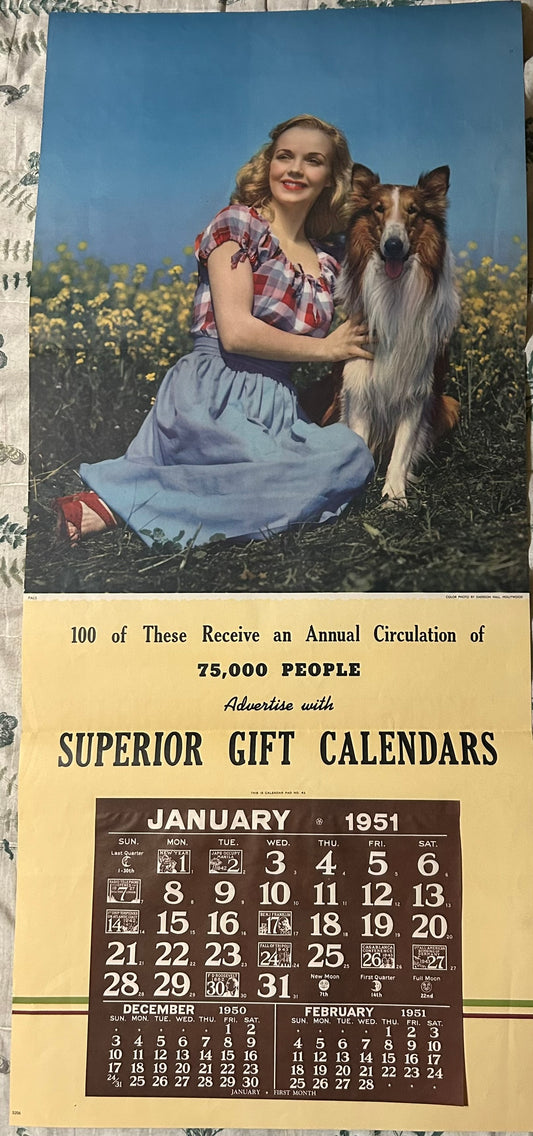 1951 ADVERTISING CALENDAR WITH PRETTY WOMAN AND COLLIE DOG