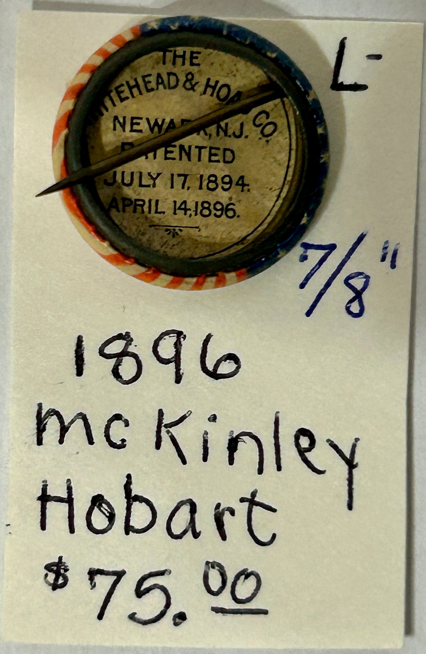 MCKINLEY HOBART 1896 JUGATE POLITICAL BUTTON PIN