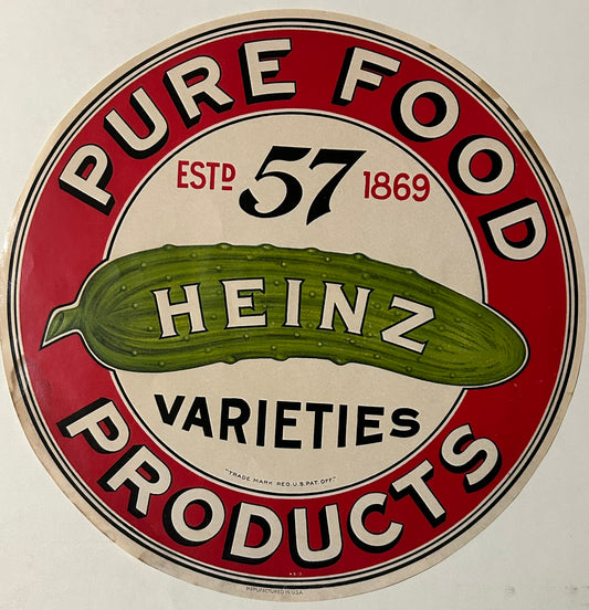 HEINZ 57 VARIETIES ROUND ADVERTISING PAPER SIGN WITH PICKLE