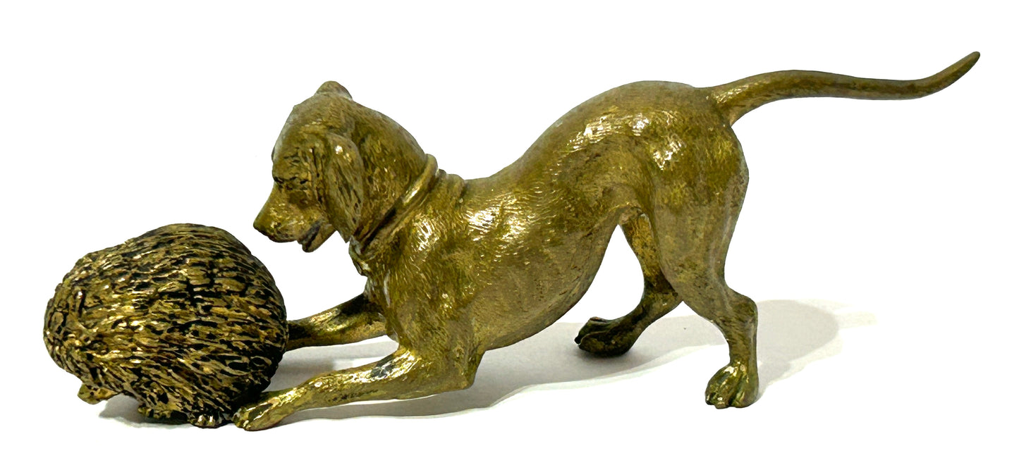 ANTIQUE VIENNA BRONZE OF DOG AND HEDGEHOG MARKED "GESCHUTZT"
