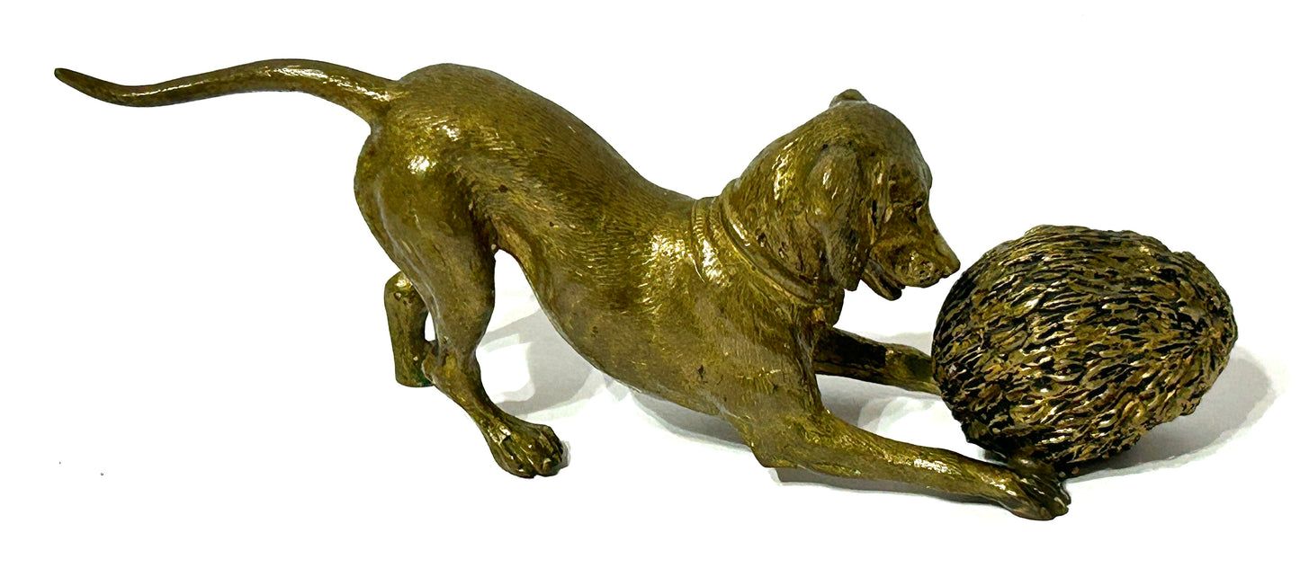 ANTIQUE VIENNA BRONZE OF DOG AND HEDGEHOG MARKED "GESCHUTZT"