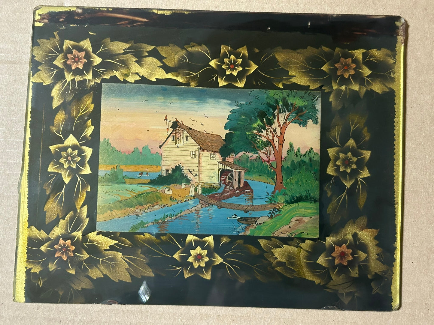 ANTIQUE CLOCK DOOR GLASS WITH MILL SCENE