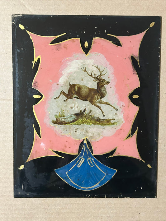 ANTIQUE CLOCK DOOR GLASS WITH DEER SCENE