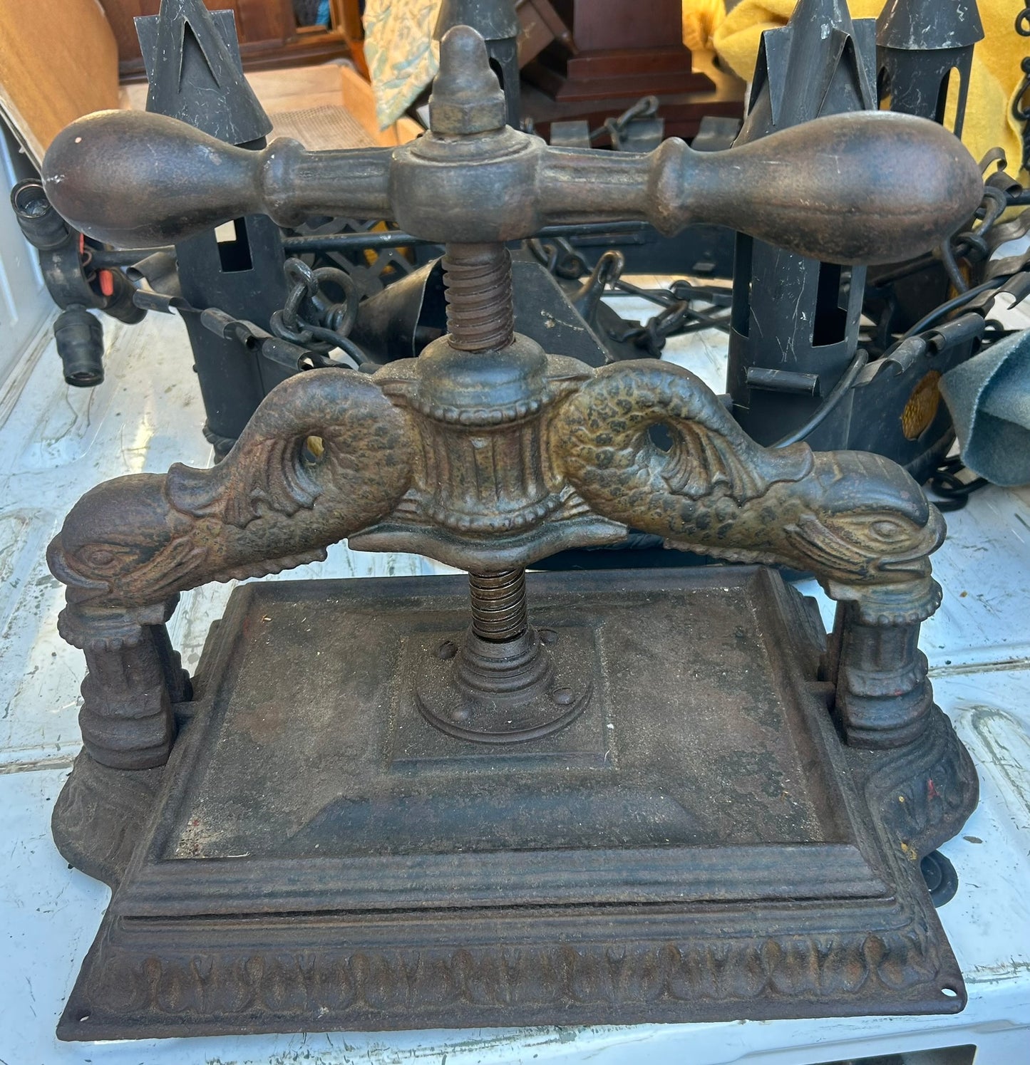 CAST IRON ANTIQUE BOOK PRESS WITH DOLPHINS