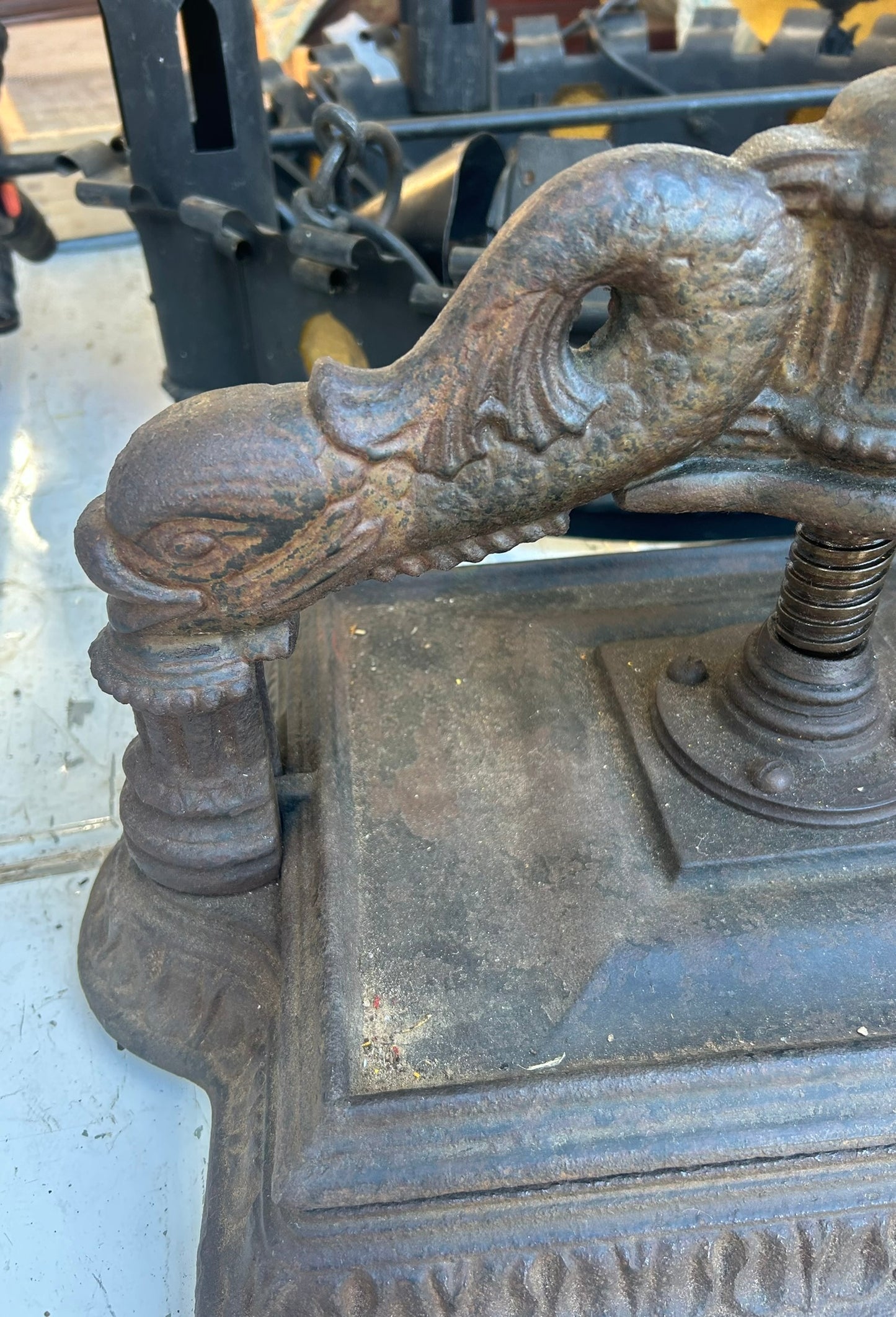 CAST IRON ANTIQUE BOOK PRESS WITH DOLPHINS