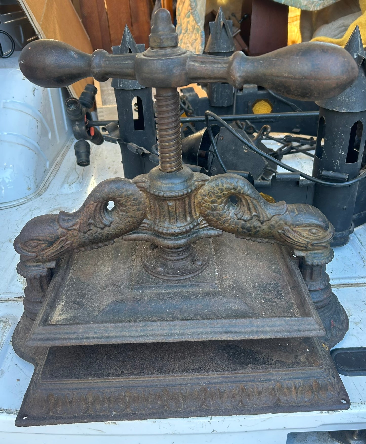 CAST IRON ANTIQUE BOOK PRESS WITH DOLPHINS