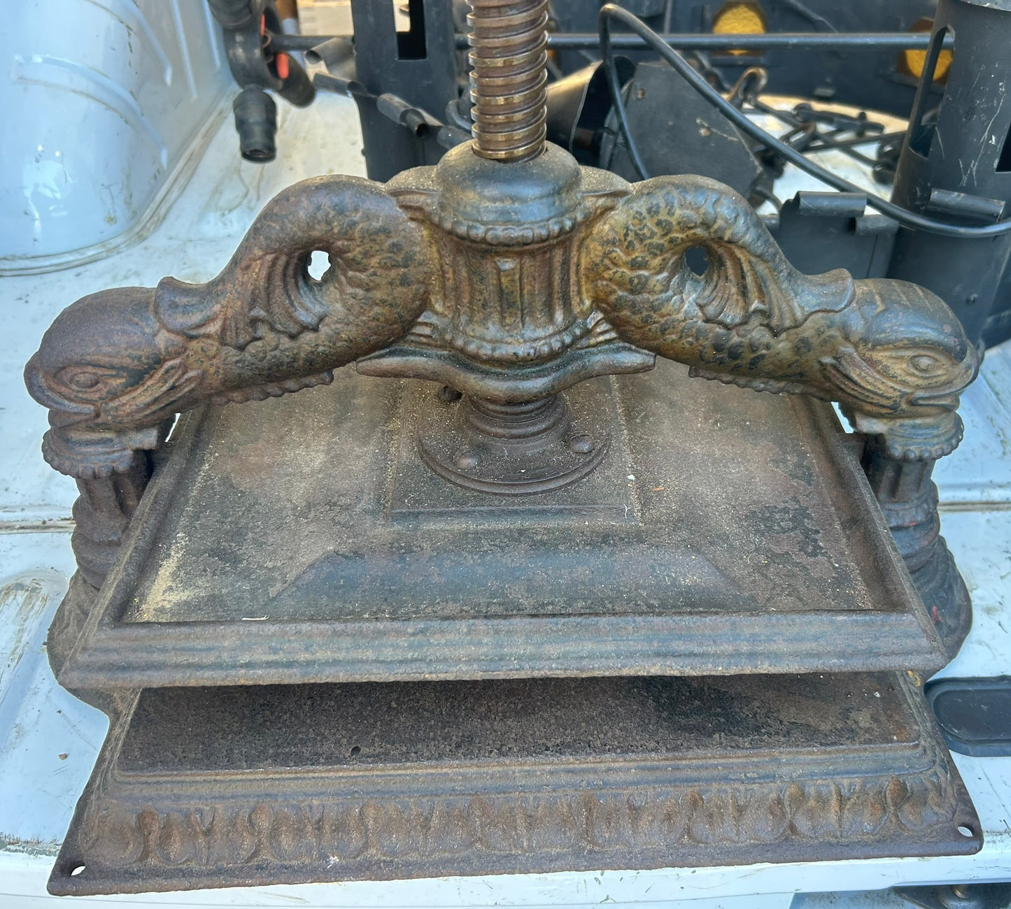 CAST IRON ANTIQUE BOOK PRESS WITH DOLPHINS