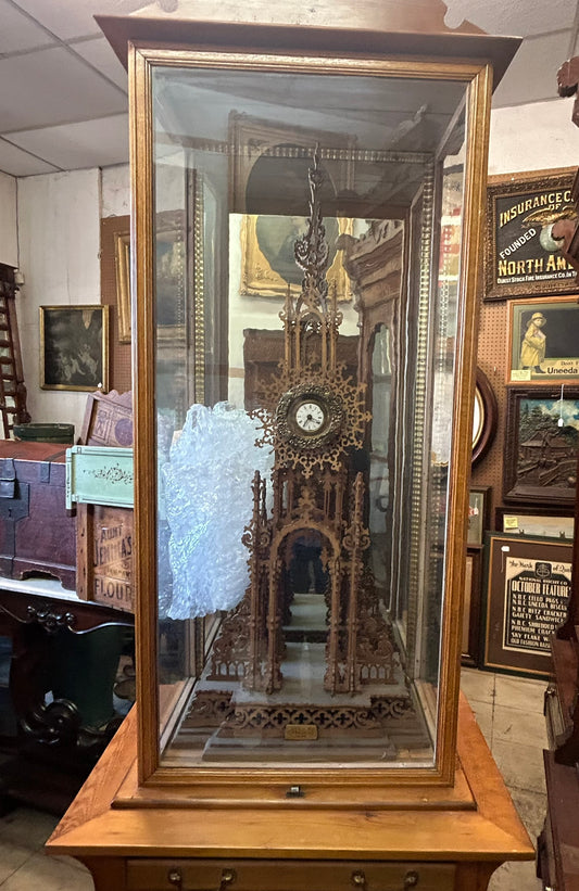 ANTIQUE FRETWORK STEEPLE SHAPE LARGE CLOCK IN WOOD CASE