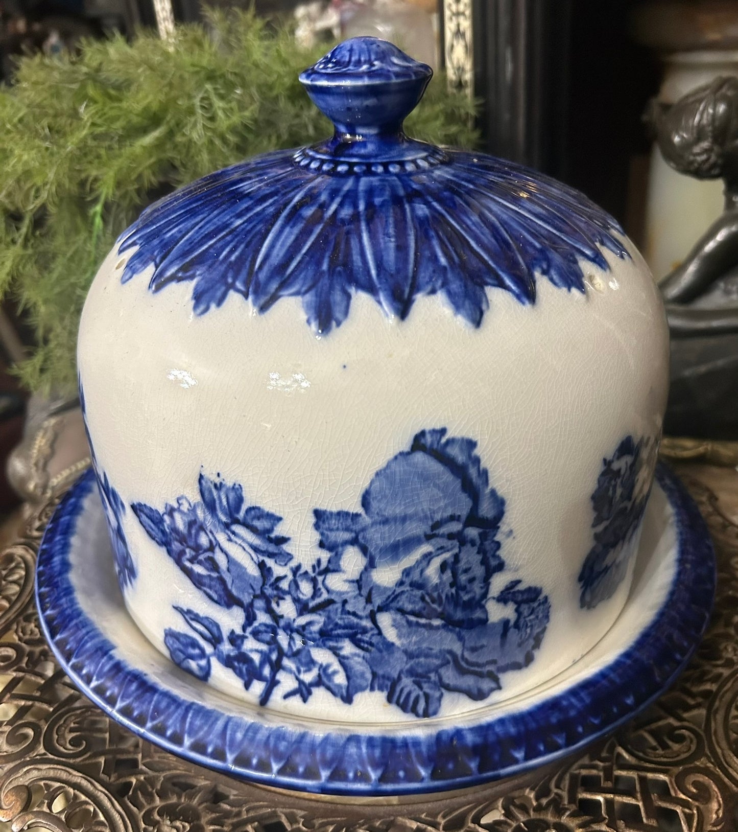 BLUE AND WHITE OLD ANTIQUE STAFFORDSHIRE IRONSTONE BLAKENEY COVERED CHEESE DISH