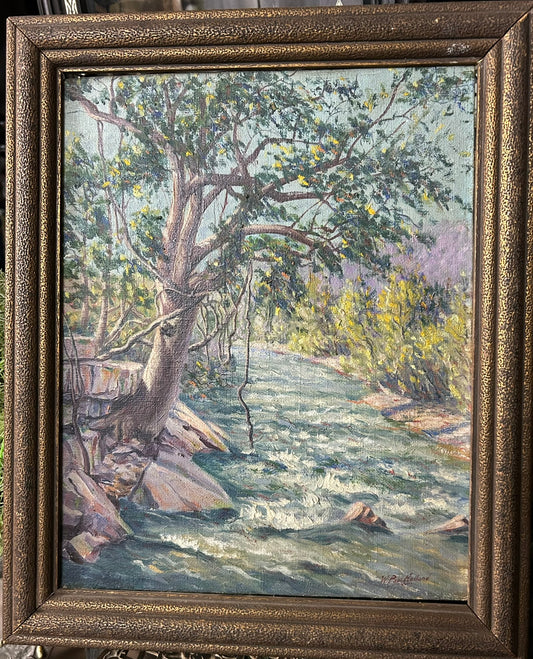 W. PAUL HOLLAND, MISSOURI ARTIST PAINTING OF STREAM AND TREES