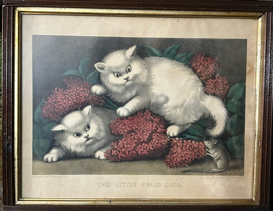 CURRIER AND IVES ANTIQUE PRINT " TWO LITTLE FRAID CATS"