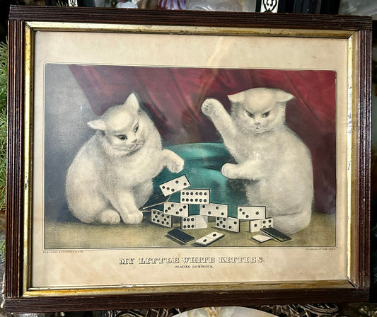 CURRIER AND IVES ANTIQUE KITTEN PRINT "MY LITTLE WHITE KITTENS PLAYING DOMINOES"