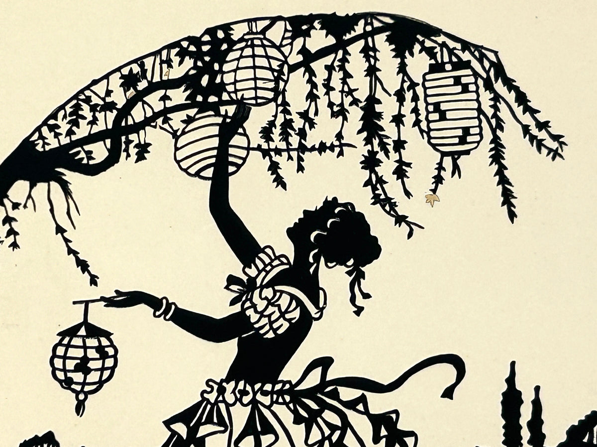 EVA SCHONBERG GERMANY 1920 CIRCA CUT SILHOUETTE OF GIRL HANGING LANTERNS