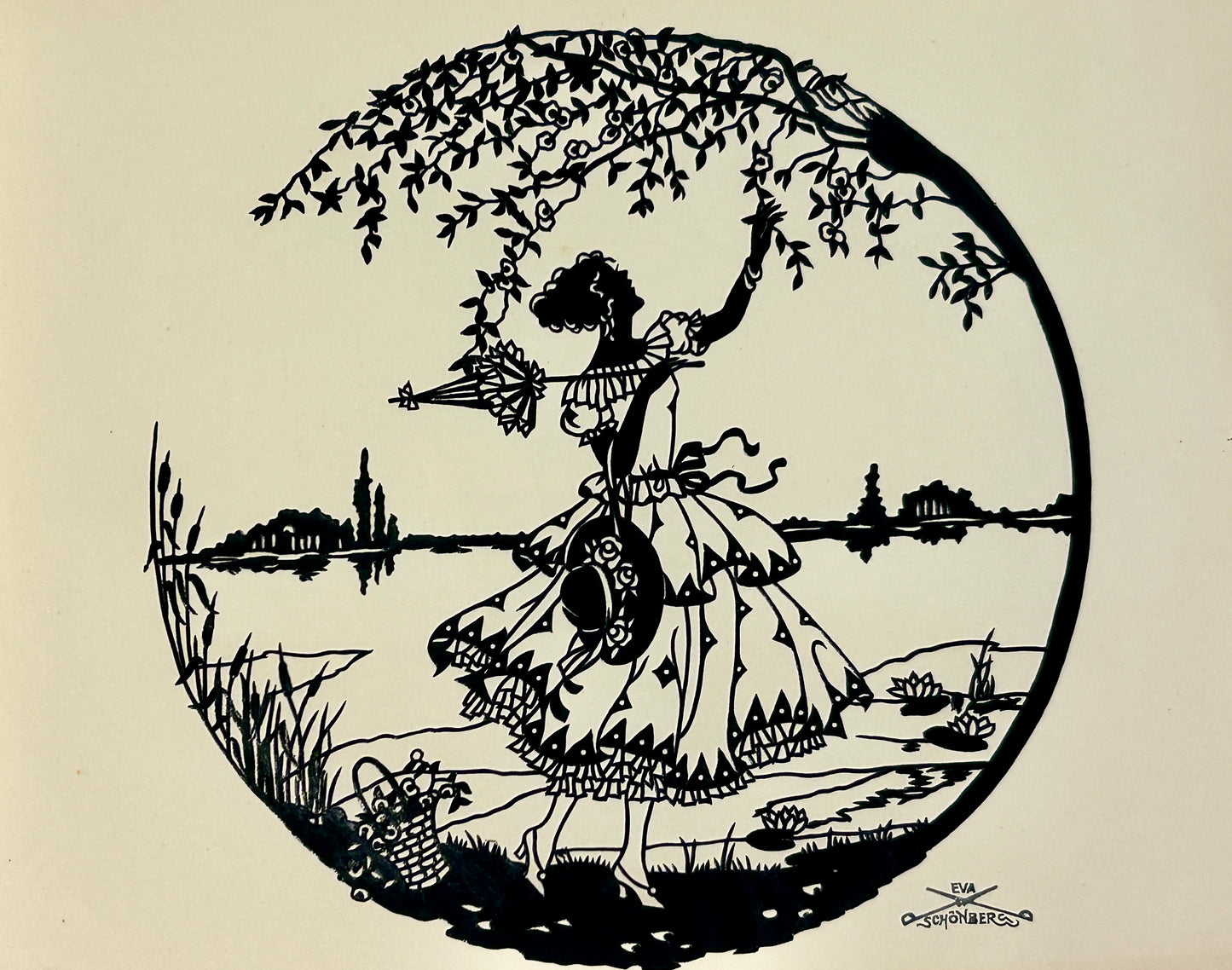 EVA SCHONBERG GERMAN CIRCA 1920 CUT SILHOUETTE OF GIRL REACHING AT LEAVES