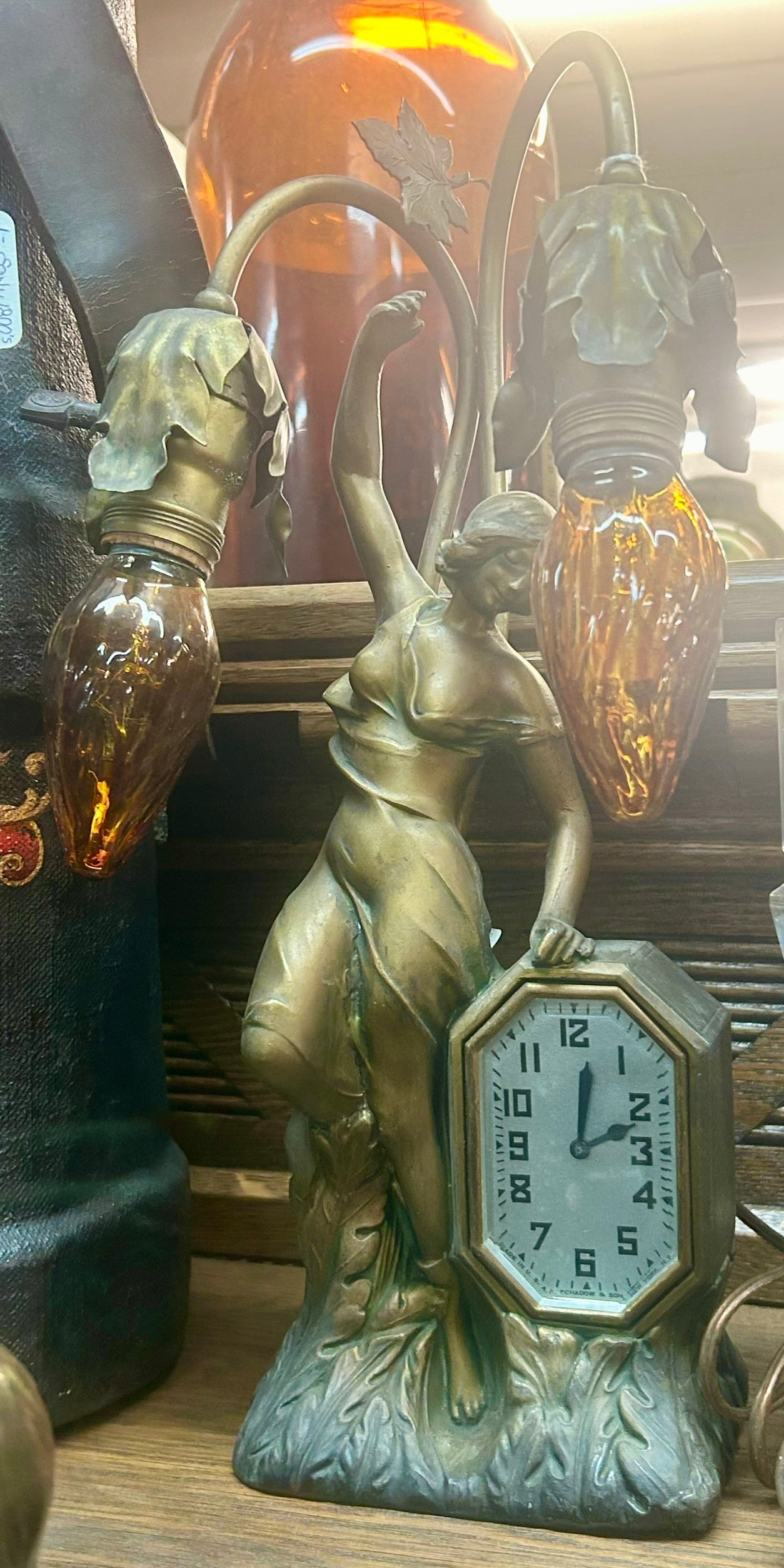 FIGURAL SPELTER WOMAN LAMP AND CLOCK COMBO FROM 1920's