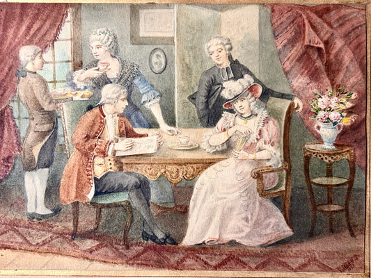 ANTIQUE WATERCOLORS OF INTERIOR VIEWS OF 18TH CENTURY INTERIORS WITH PEOPLE DOING ACTIVITES IN ROOMS.