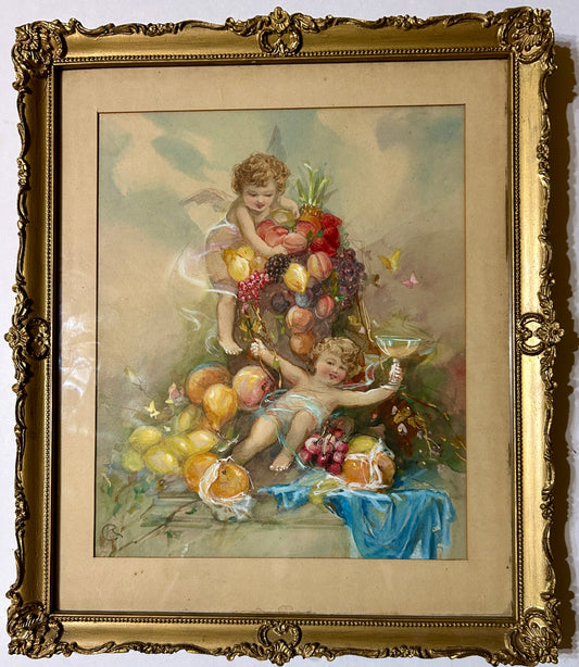 ANTIQUE WATERCOLOR PAINTING OF TWO CHERUBS WITH FRUIT