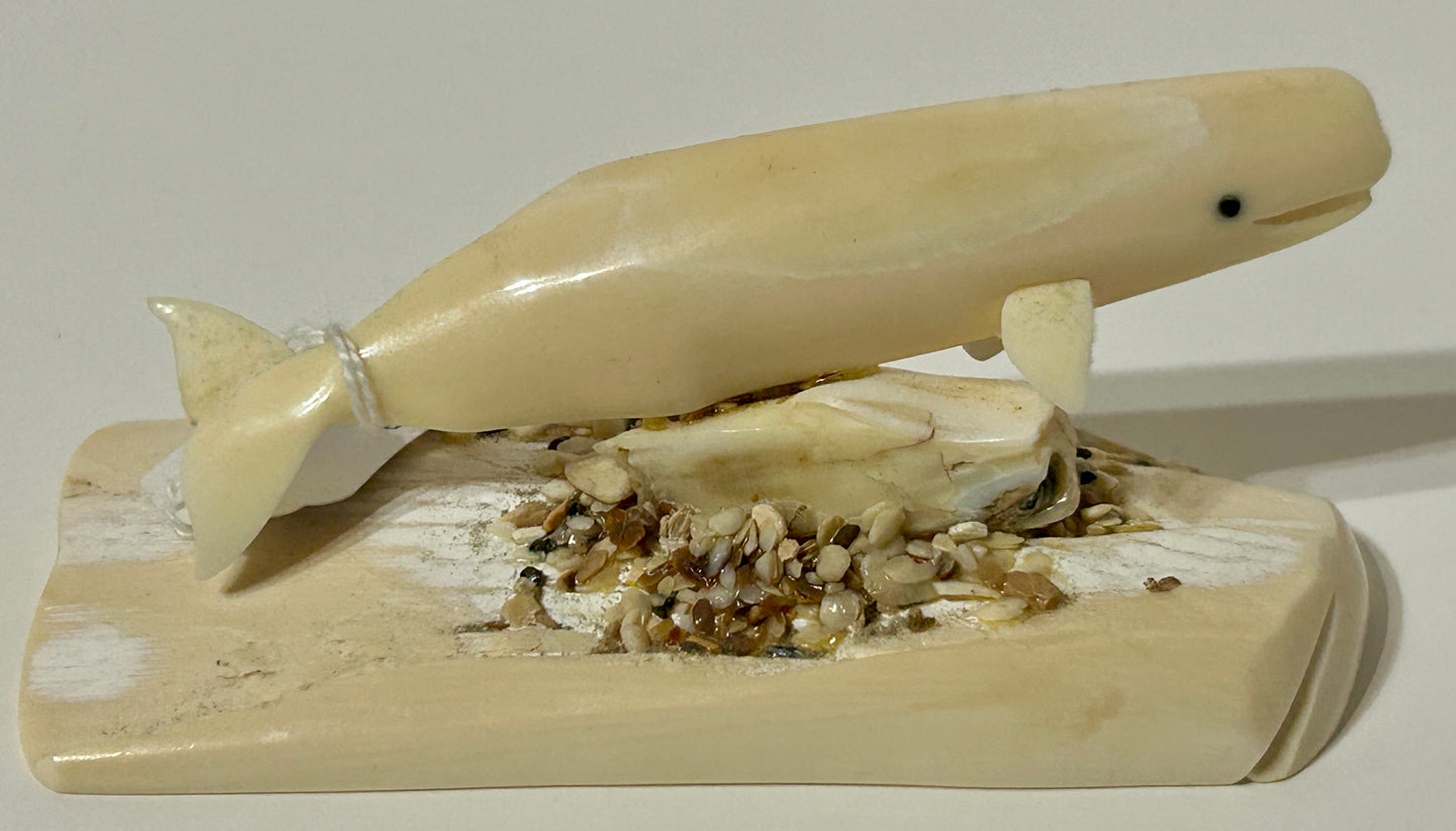 WALRUS IVORY FIGURAL WHALE CARVING ARTIST SIGNED