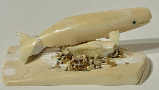 WALRUS IVORY FIGURAL WHALE CARVING ARTIST SIGNED