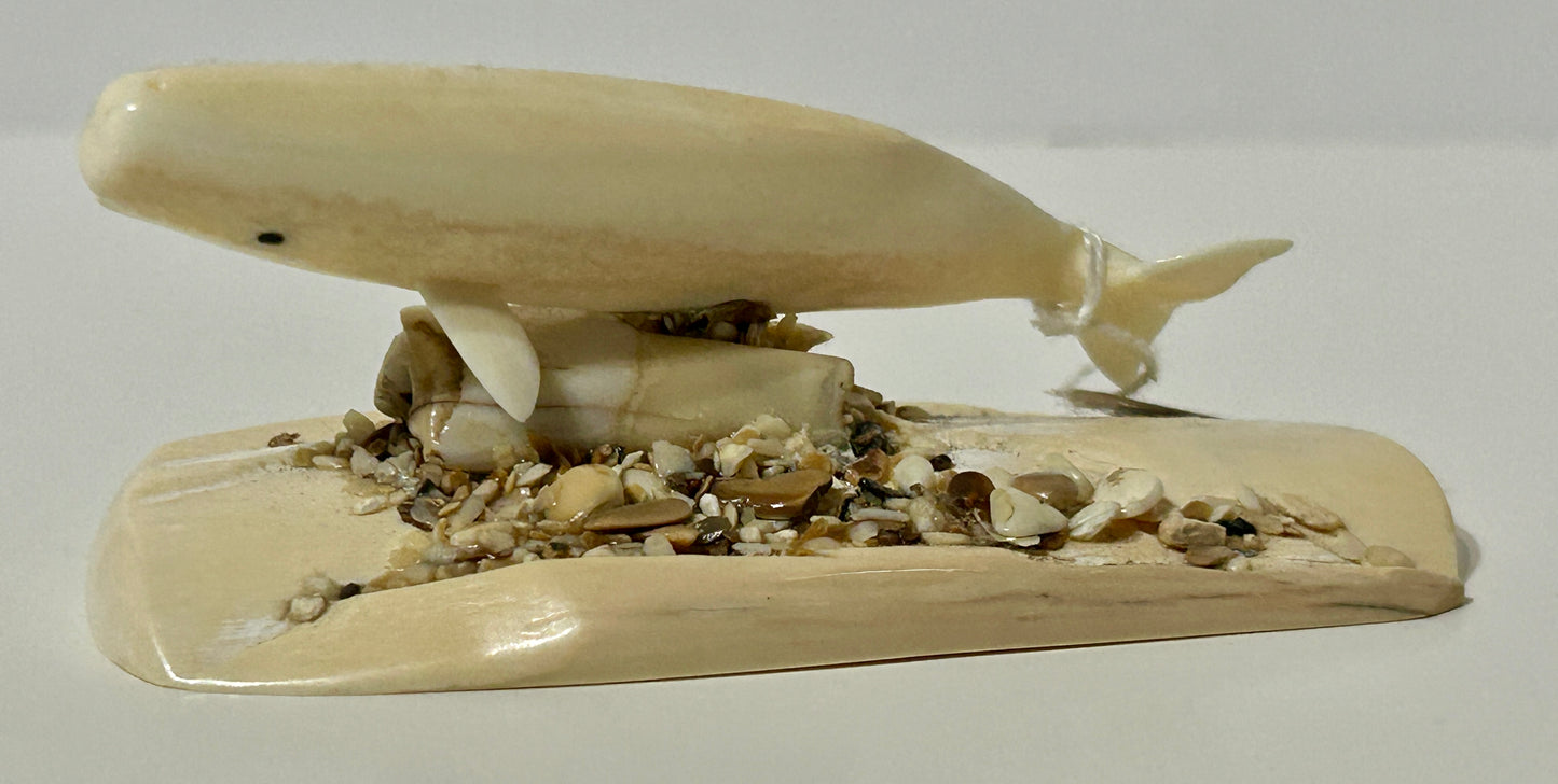 WALRUS IVORY FIGURAL WHALE CARVING ARTIST SIGNED