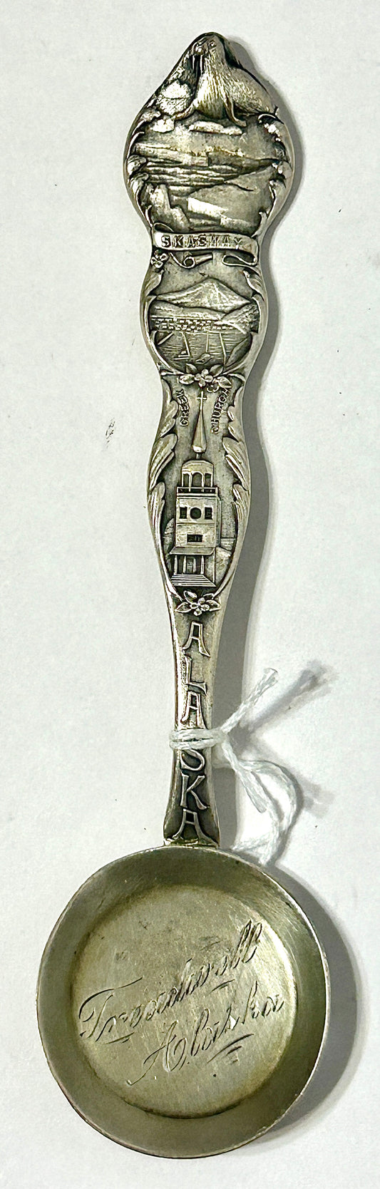 STERLING SILVER ANTIQUE ALASKA SOUVENIR SPOON WITH GOLD PAN SHAPE BOWL