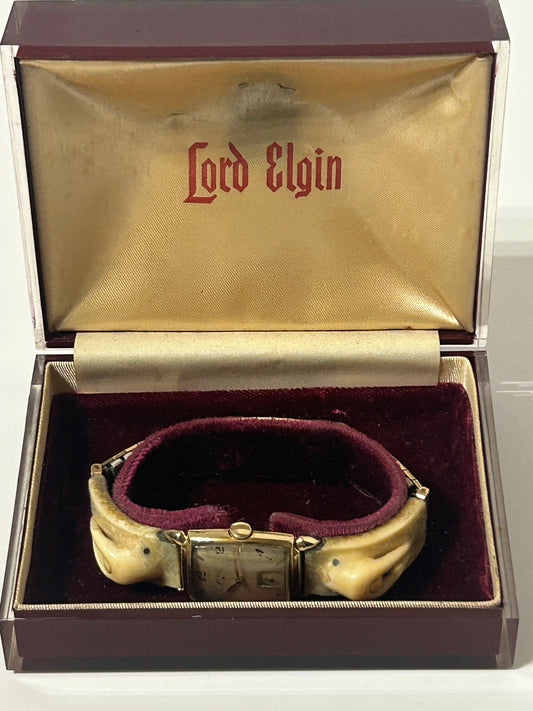 CARVED WALRUS IVORY BAND ON LORD ELGIN WRIST WATCH