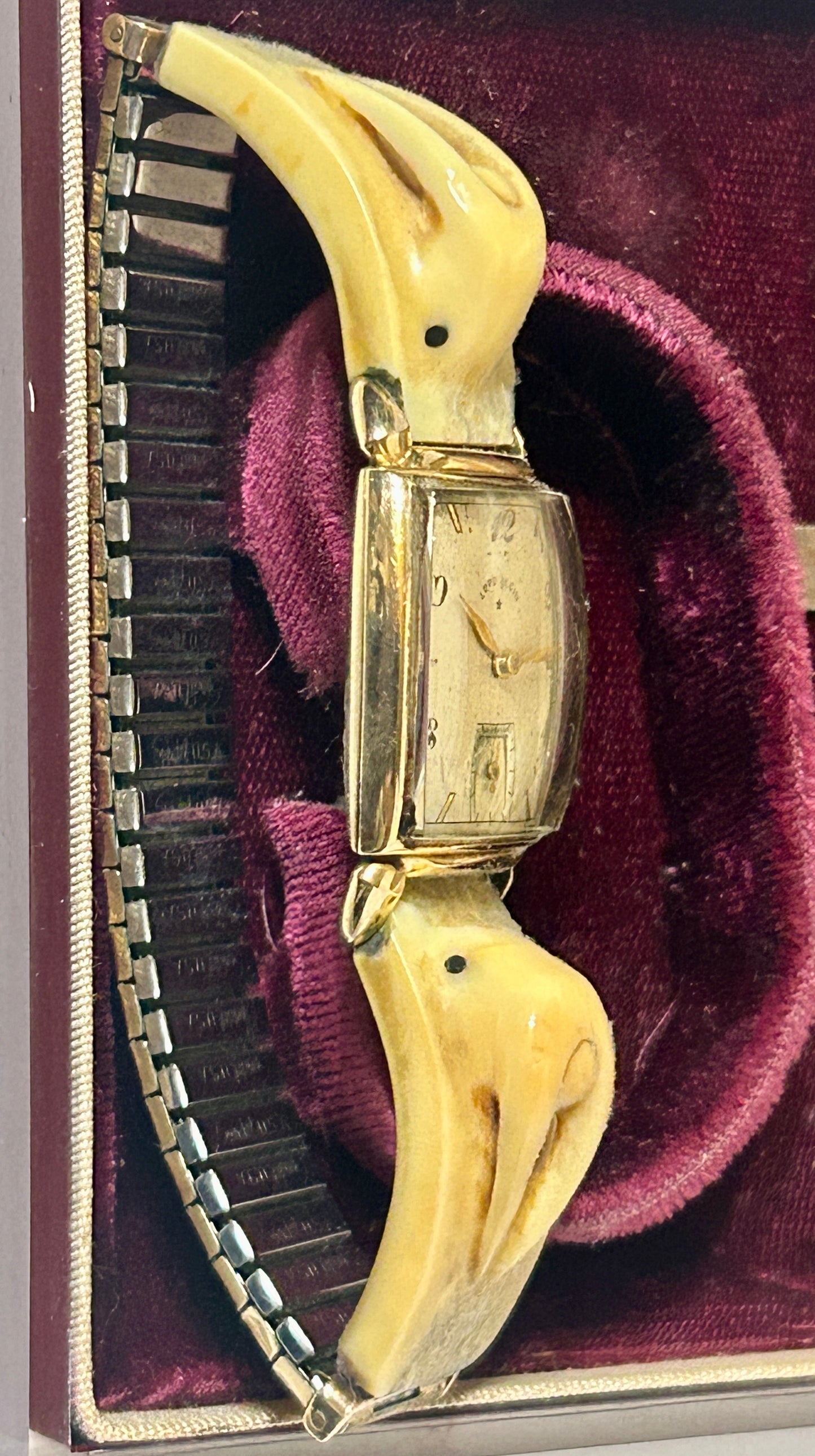 CARVED WALRUS IVORY BAND ON LORD ELGIN WRIST WATCH