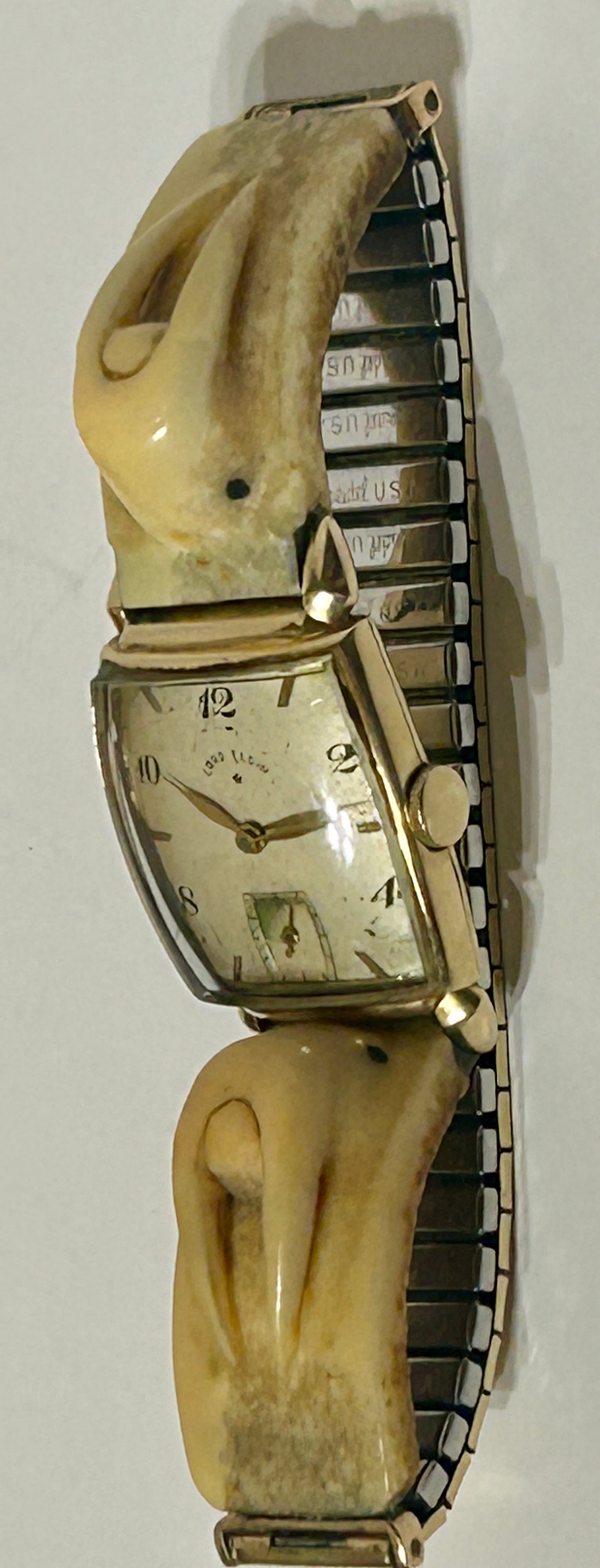 CARVED WALRUS IVORY BAND ON LORD ELGIN WRIST WATCH